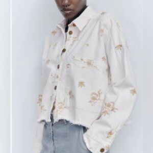 Zara Women's White and Gold Floral Jean Jacket